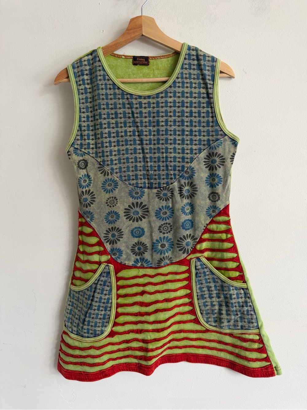 Rising International Multicolor Patchwork Mini Dress in Green & Red